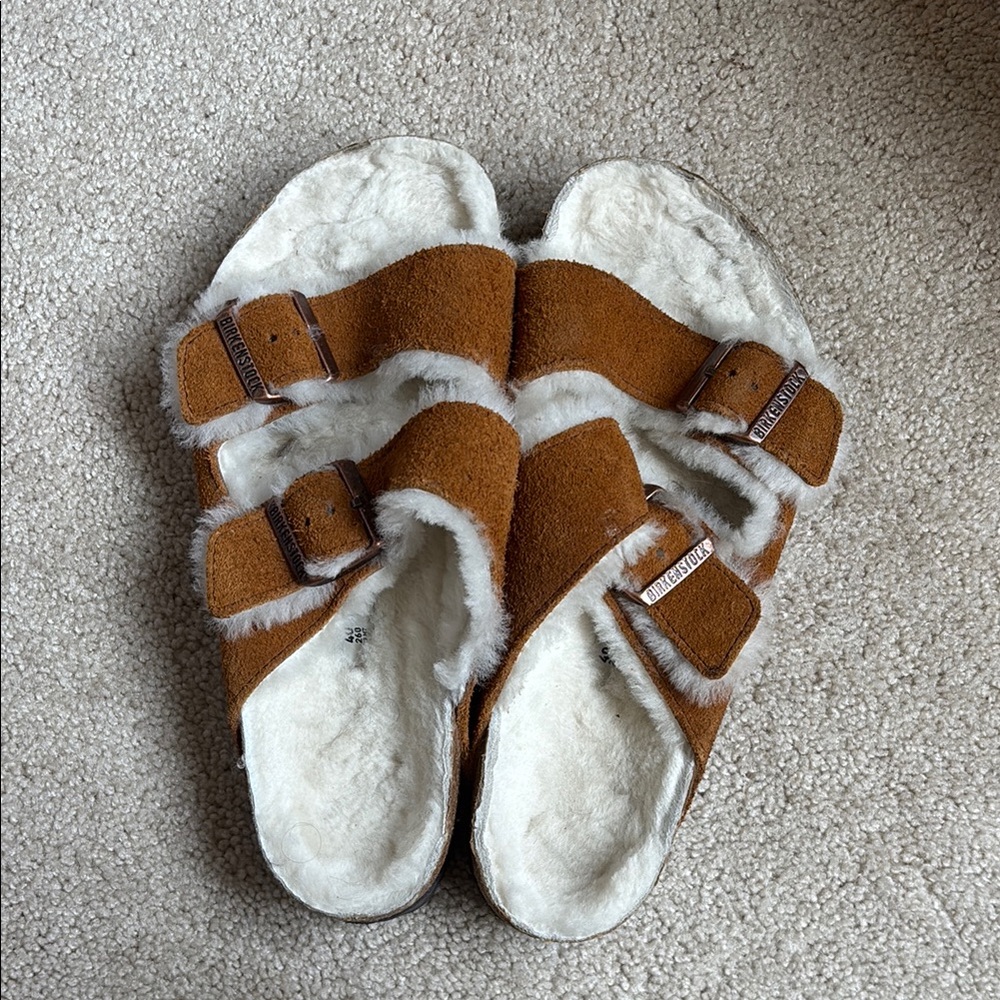 Birkenstock Women's Shearling Slippers - Tan and Cream